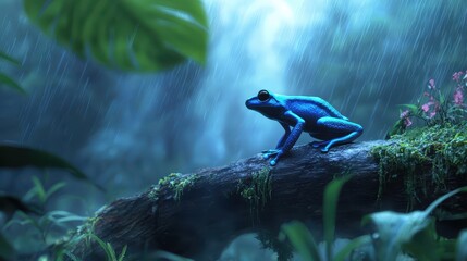 Blue Poison Dart Frog Sitting on Log in Tropical Rainforest Setting