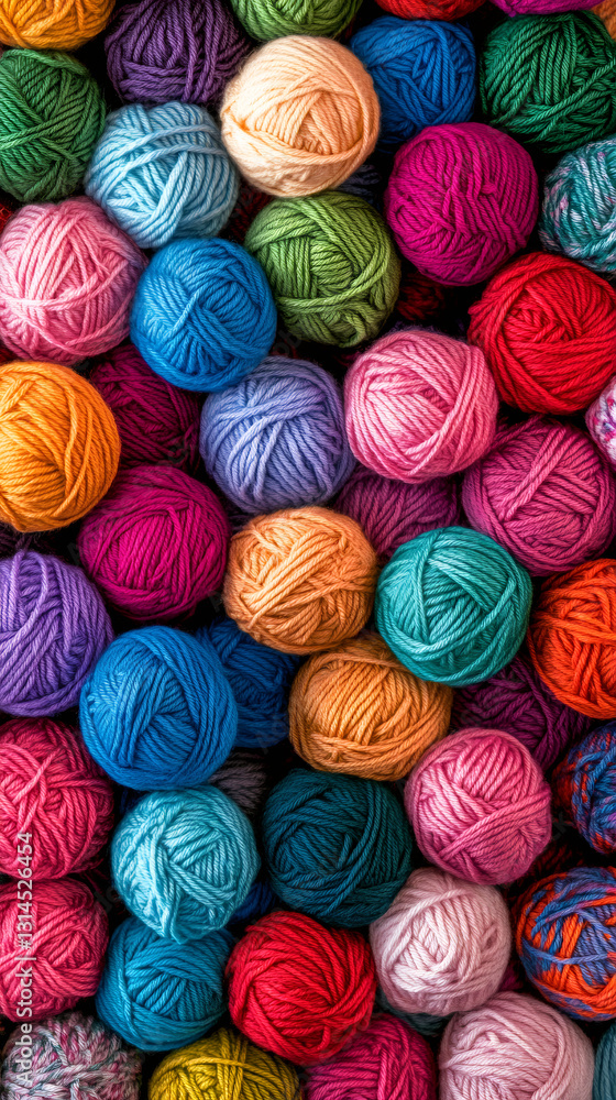 Poster multicolored yarn balls displaying soft textures and vibrant hues, representing creative handcraft m