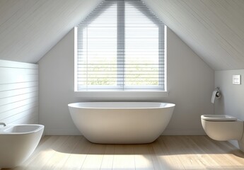 Fototapeta premium Modern minimalist bathroom design featuring a freestanding bathtub, sleek toilet, large windows, and natural light highlighting the serene atmosphere