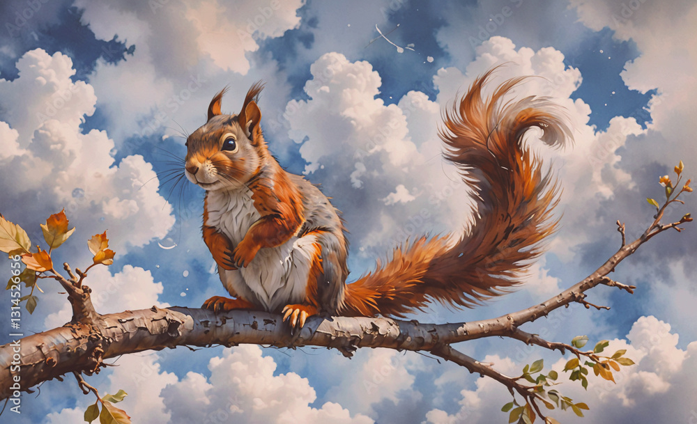 Poster squirrel is perched on a branch, looking up at the sky. the sky is overcast, with clouds looming ove