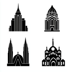 Fototapeta premium Set of architectural icons: modern skyscraper, ancient temple, gothic cathedral, traditional house