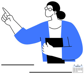 Woman in glasses pointing while holding a notebook, beside a small monthly calendar. Ideal for planning, organization, productivity, scheduling, time management, leadership education. Flat simple