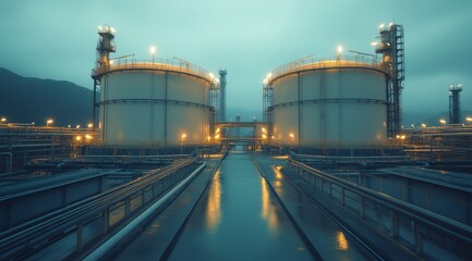 Obraz premium Industrial tanks under the twilight: A wide shot showcases a complex industrial scene under a cloudy sky, with the illumination of tanks, structures, and pipelines casting an eye-catching glow. 
