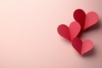 Folded Heart Art: Softly folded paper hearts in varying shades of red, elegantly arranged, symbolizing love and affection. Set against a gentle backdrop, this image conveys warmth and affection.
