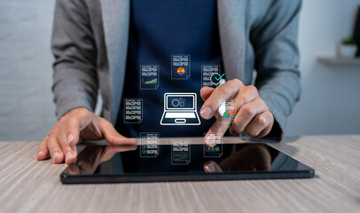 Business data is stored in a local database for tracking and management. Hologram with icons of documents and diagrams