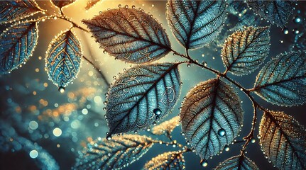 Radiant emerald leaves shimmering under the warm golden sunlight in a thriving forest, bathed in the soft glow of the late afternoon