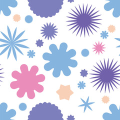 Abstract Seamless Pattern. A mix of Purple lavender pink and blue geometric shapes, stars and circles for modern design