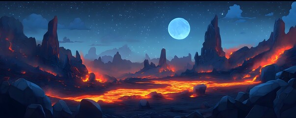 A lava field glowing at night with molten rock