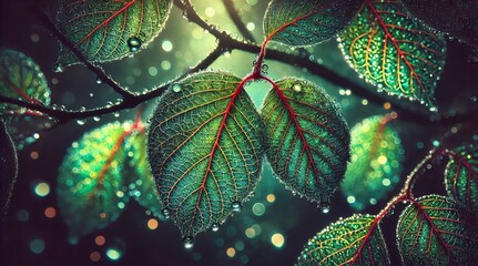 Radiant emerald leaves shimmering under the warm golden sunlight in a thriving forest, bathed in the soft glow of the late afternoon