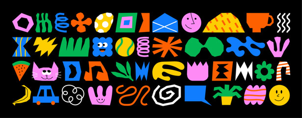 Abstract vector elements. Colorful doodles. Hand drawn naive cartoon. Set of basic shapes and childish drawings.