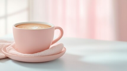 Fototapeta premium Pink Coffee Delight: A delicate, warm cup of coffee rests on a saucer, radiating serenity and invoking the feeling of a serene morning.