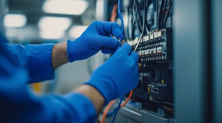 Precision and Technology: A skilled technician meticulously works on intricate network cables, ensuring seamless connectivity and efficient data transfer in a modern server room.