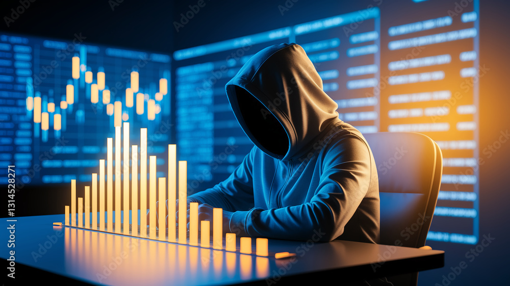 Poster hooded figure working at a desk with glowing bar graph and data screens in background, showcasing cy
