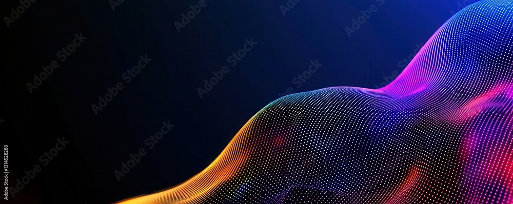 Poster a vibrant, abstract wave of colorful dots, creating a dynamic visual effect against a dark backgroun