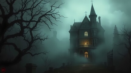 Fototapeta premium Haunted Mansion in the Mist: A spooky and atmospheric image of a gothic mansion shrouded in a thick layer of mist. The mansion stands silhouetted against the misty backdrop.