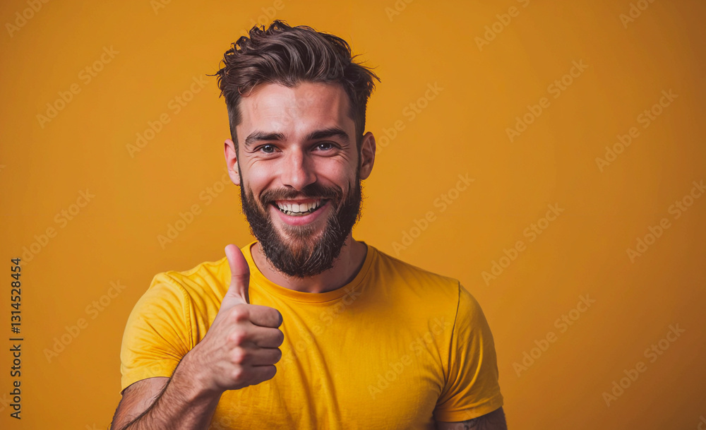 Poster Man with a beard is smiling and giving a thumbs up. The image has a positive and happy mood
