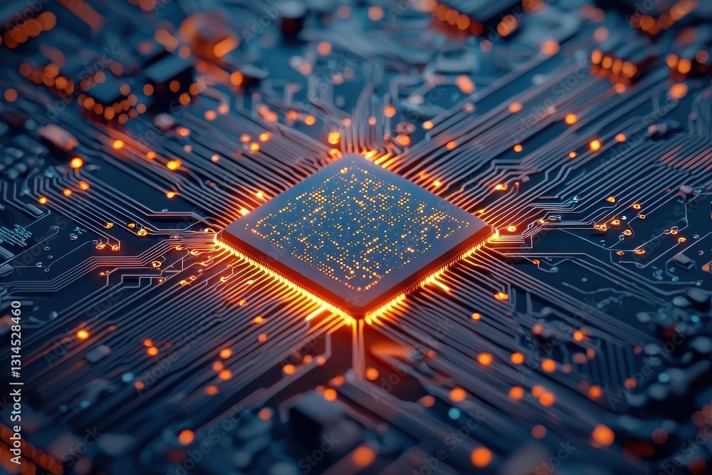 Aufkleber a close-up view of a glowing microchip on a circuit board, showcasing intricate details and vibrant 