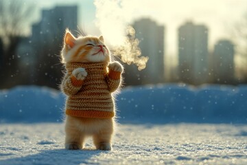 Sad cute baby cat birman in winter warm clothes, icy air from nose and mouth in cold atmosphere. Social promotion - animal care. Problem of animal suffering. Winter cat mission. Cat warm cover.