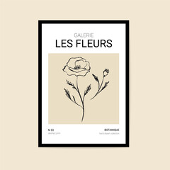 Minimal poster with poppy flowers. Abstract floral line art print with boho wildflowers in a poster frame, botanical sketch for wall art gallery. Vector illustration