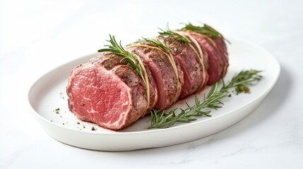 Prime Cut: A culinary masterpiece featuring a meticulously prepared, raw prime cut of meat elegantly arranged on an oval platter, garnished with fresh herbs.