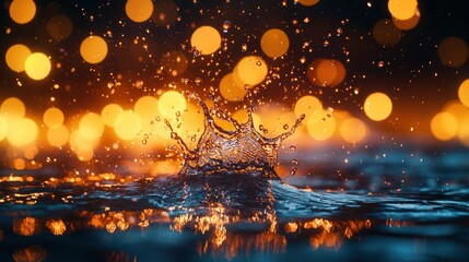 Water droplet splash, night bokeh lights