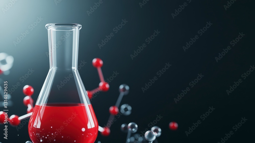 Poster red liquid in glass flask with molecule structures