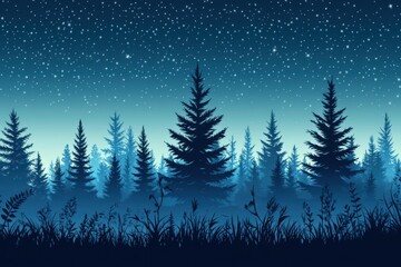 Fototapeta premium Enchanted Forest Under a Starry Night Sky Serene Blue Landscape with Evergreen Trees and Grass Silhouette Tranquil Scene Nature Illustration