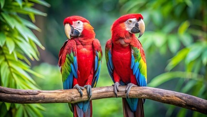 Obraz premium A vibrant pair of scarlet macaws perched on a branch amidst lush green foliage, showcasing their striking red, blue, and green plumage.