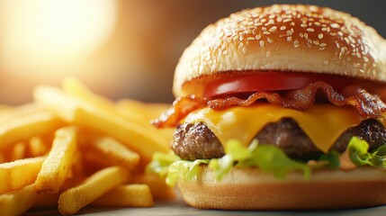 Golden Burger Feast: A mouth-watering close-up showcases a juicy burger, piled high with fresh ingredients, alongside a tempting pile of golden french fries.