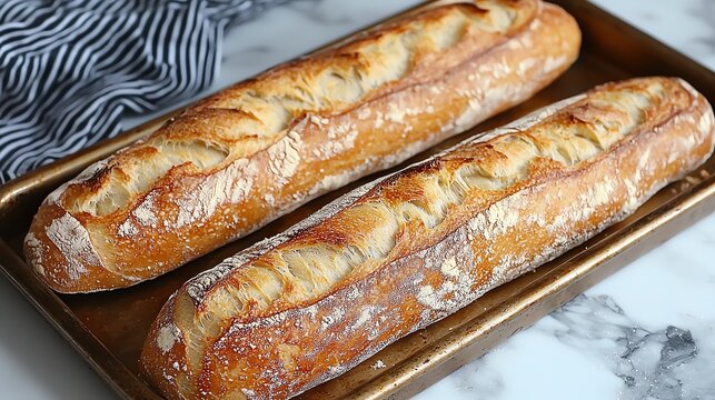 Freshly baked baguettes on a tray, perfect for any meal or gathering.