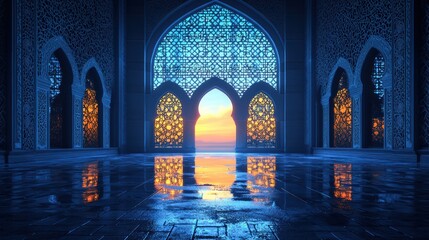 Illuminated islamic window design with geometric patterns