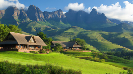 The Drakensberg Mountains in South Africa provide a stunning backdrop for a lodge nestled in the Central Drakensberg region of KwaZulu-Natal, surrounded by lush green peaks