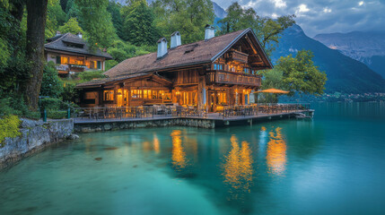 Fototapeta premium Traditional Swiss chalets dot the hillside in Brienz, located in the scenic Bernese Oberland