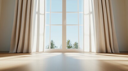 Fototapeta premium Sunlit Room: A sun-drenched room with a large window framing a picturesque view of the bright outdoors, soft curtains, and wooden floors. Capturing the serene tranquility and natural light.