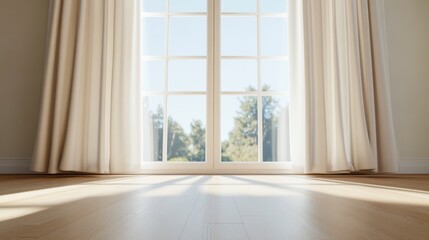 Fototapeta premium Interior serenity: Sunlight streams through a large window, illuminating the room and casting shadows on a hardwood floor, creating a serene ambiance. Curtains frame the view of lush trees. 