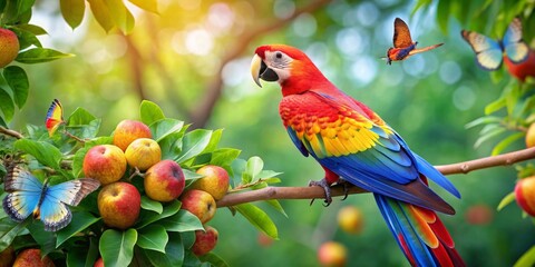 A Vibrant Scarlet Macaw Perched on a Branch Amidst a Lush Orchard with Colorful Butterflies