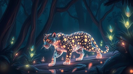 Enchanted Jaguar in the Mystic Forest: A mesmerizing jaguar with glowing spots walks through a dark, mystical forest. Its illuminated form and the soft.