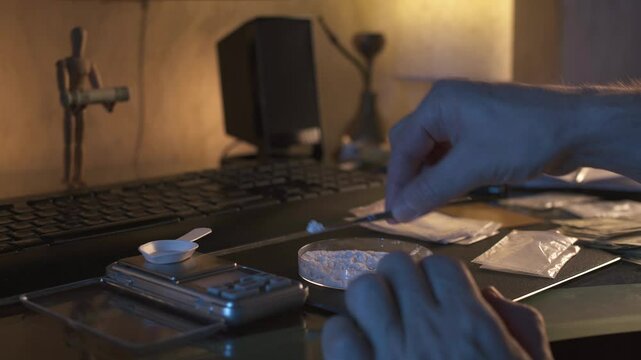 Drug dealer weighing and packing powder at his workplace.