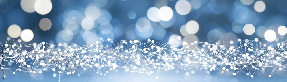 Poster blue bokeh background with connected nodes; network, technology concept