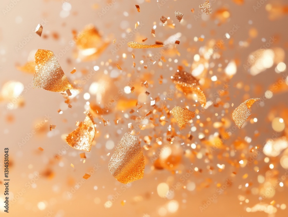 Poster golden glitter fragments suspended in air creating a dynamic and festive abstract composition with s