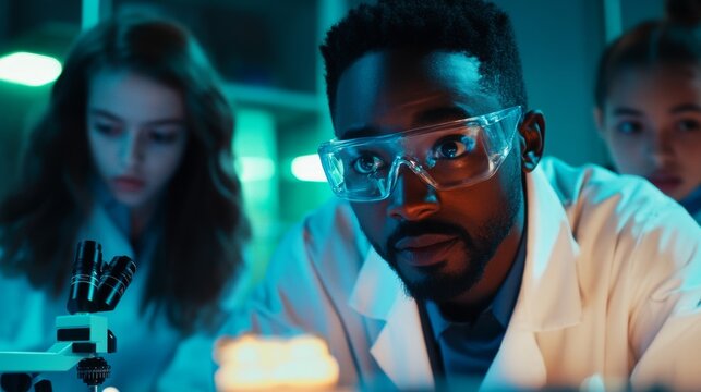Scientist in Lab Coat and Safety Glasses Conducting Experiment
