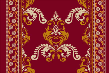 Classic red damask pattern with gold floral scrolls and intricate detailing. Ideal for textile prints, luxury packaging, and interior design. Seamless vector for digital or print projects.