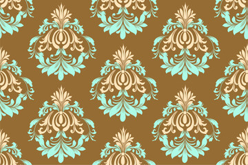 damask pattern in earthy tones with floral flourishes and ornate scrolls. Ideal for textiles, scrapbooking, and event decor. High-quality vector for versatile projects.