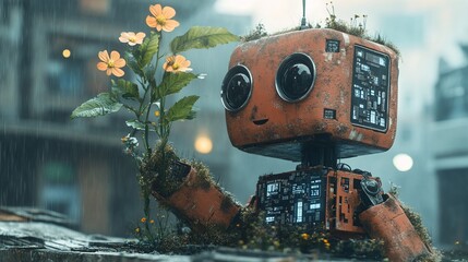 Rusty robot holding flowers, rainy city