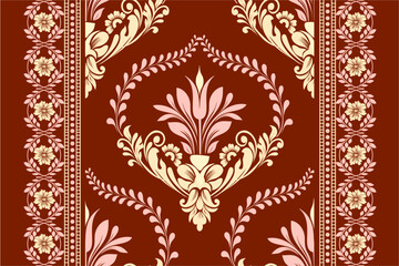 Rich brown damask border pattern with delicate floral and vine elements. Ideal for classic interior design, packaging, and stationery. High-quality vector art for versatile use.