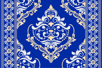 Elegant blue damask border pattern with intricate floral ornaments and baroque elements. Perfect for textile design, wallpapers, and invitations. High-quality seamless vector for digital and print use