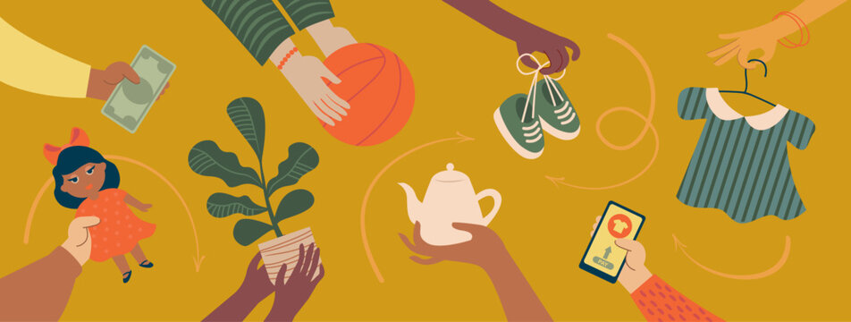 Online marketplace for second-hand items. Concept for Used and Preowned goods Online Trading Platform. Sustainable Consumption and Resale Market.