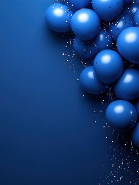 Elegant blue balloons with golden confetti on a dark blue background for celebration and festive mood