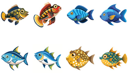 A diverse collection of cartoon fish vector illustrations, featuring a variety of body shapes, fin styles, and unique patterns, including pufferfish designs.