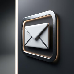 sleek white email icon is displayed on dark background, featuring modern metallic frame and soft lighting